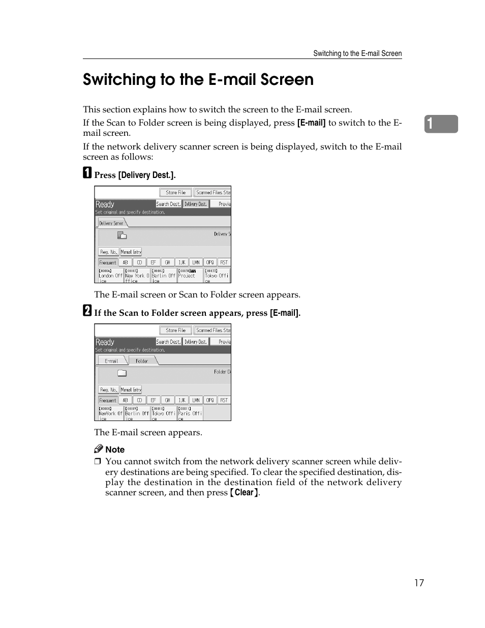 Switching to the e-mail screen, P.17 “switching to the e-mail screen, 1switching to the e-mail screen | Ricoh Aficio MP 9000 User Manual | Page 25 / 168