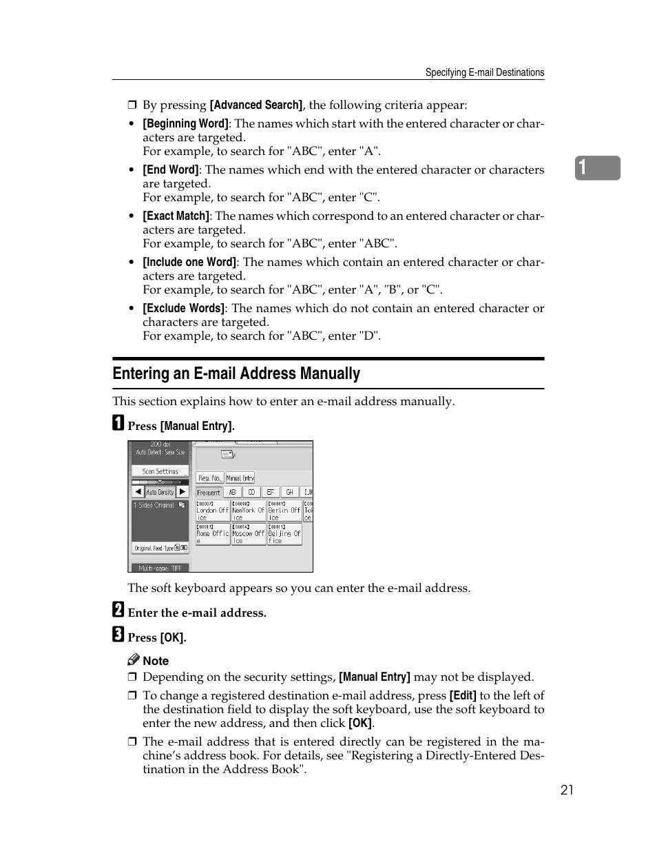 Entering an e-mail address manually | Ricoh Aficio MP 9000 User Manual | Page 29 / 168