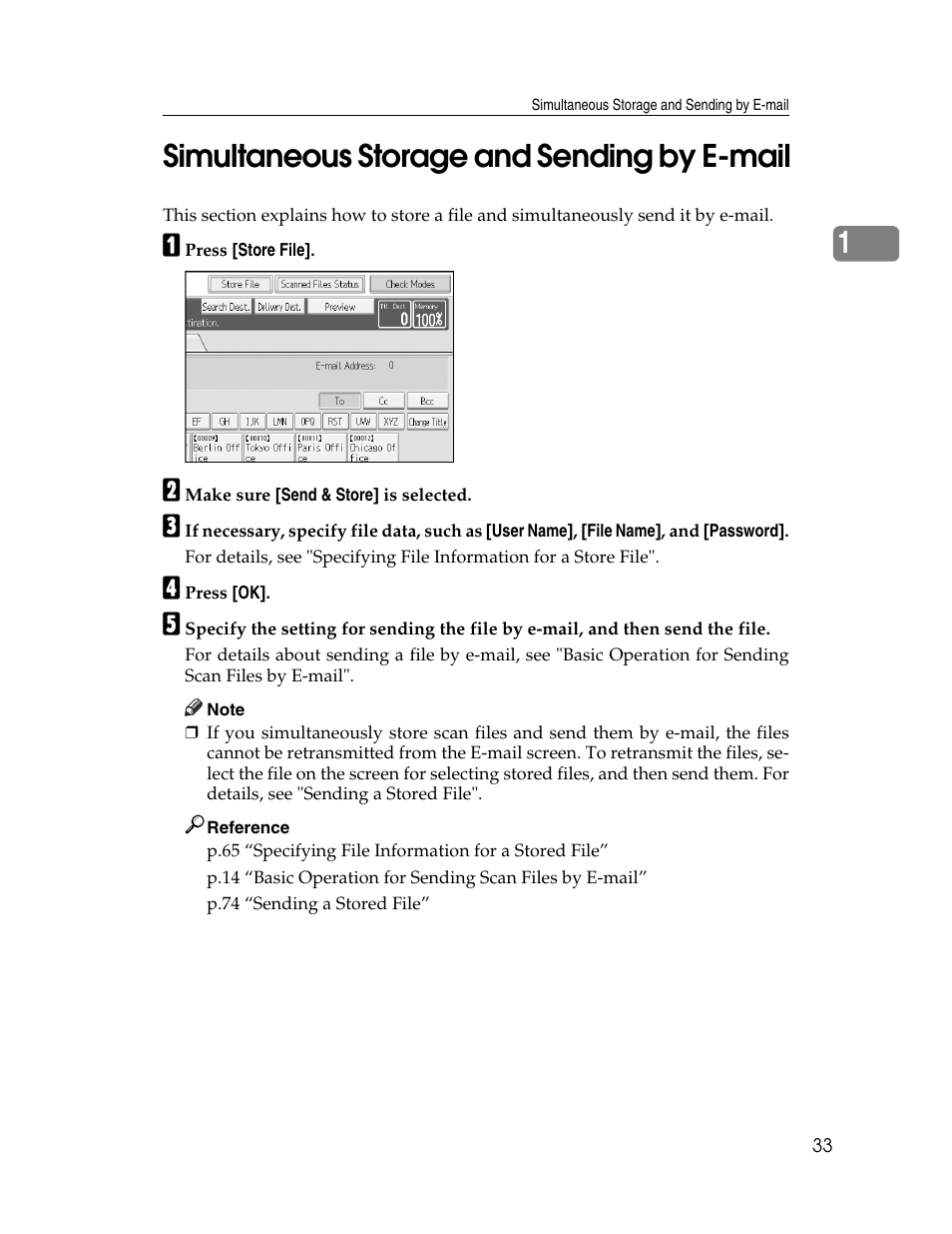 Simultaneous storage and sending by e-mail, P.33 “simultaneous storage and sending by e-mail, 1simultaneous storage and sending by e-mail | Ricoh Aficio MP 9000 User Manual | Page 41 / 168