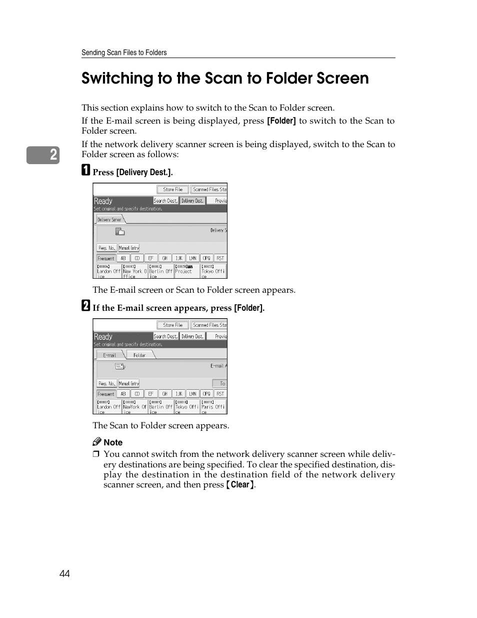 Switching to the scan to folder screen, P.44 “switching to the scan to folder screen, 2switching to the scan to folder screen | Ricoh Aficio MP 9000 User Manual | Page 52 / 168