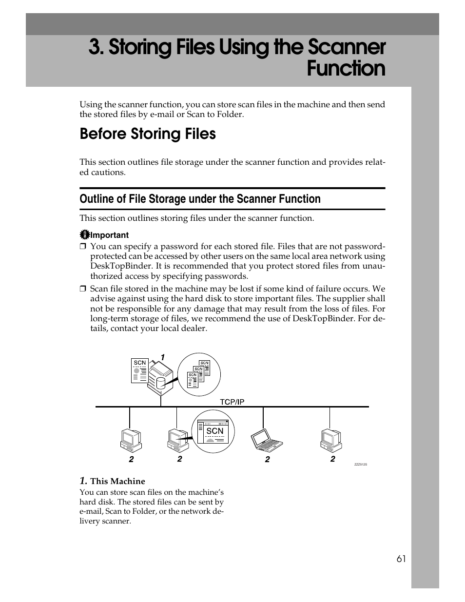 Storing files using the scanner function, Before storing files, Outline of file storage under the scanner function | P.61 “storing files using the scanner function | Ricoh Aficio MP 9000 User Manual | Page 69 / 168