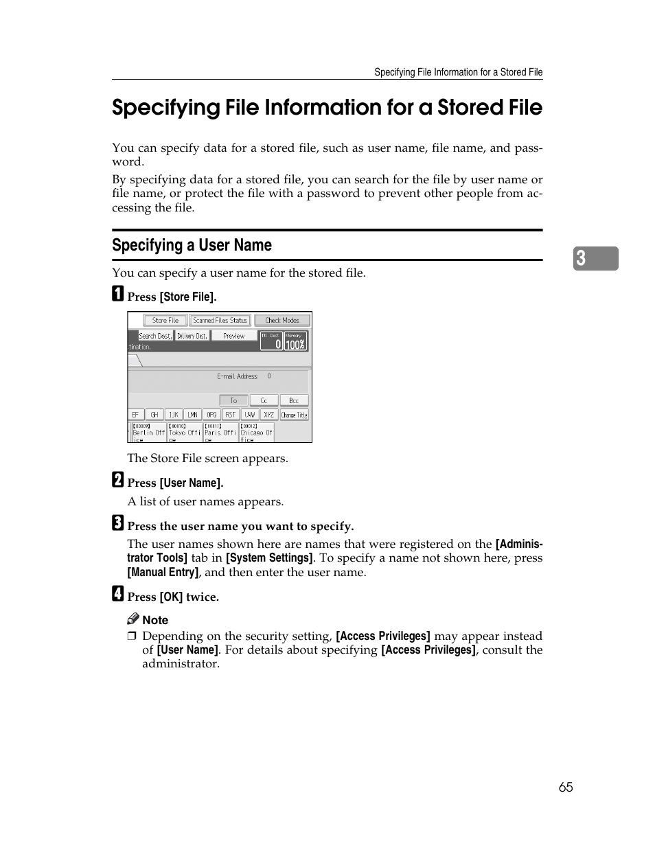 Specifying file information for a stored file, Specifying a user name, 3specifying file information for a stored file | Ricoh Aficio MP 9000 User Manual | Page 73 / 168