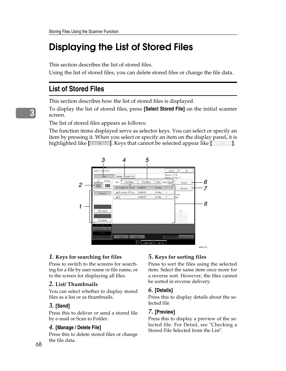 Displaying the list of stored files, List of stored files, P.68 “list of stored files | 3displaying the list of stored files | Ricoh Aficio MP 9000 User Manual | Page 76 / 168
