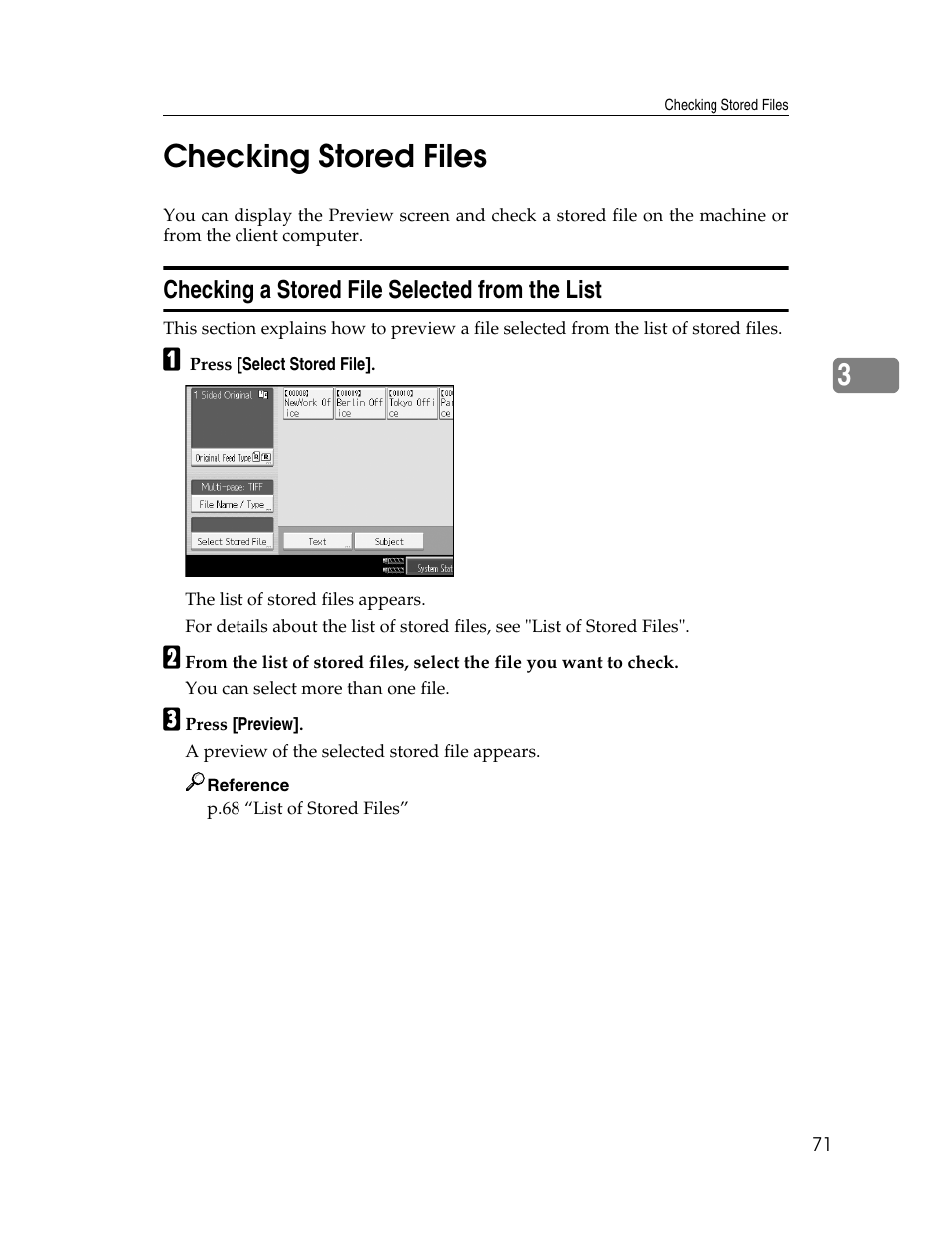 Checking stored files, Checking a stored file selected from the list, 3checking stored files | Ricoh Aficio MP 9000 User Manual | Page 79 / 168