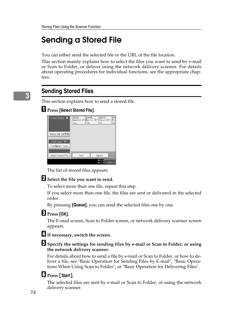 Sending a stored file, Sending stored files, 3sending a stored file | Ricoh Aficio MP 9000 User Manual | Page 82 / 168