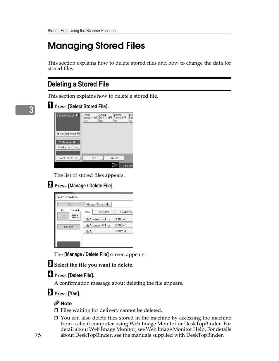 Managing stored files, Deleting a stored file, 3managing stored files | Ricoh Aficio MP 9000 User Manual | Page 84 / 168