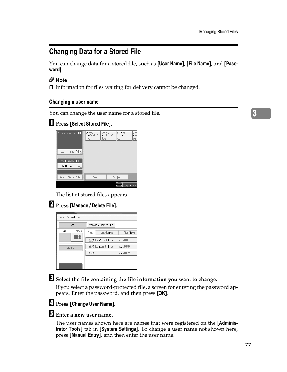 Changing data for a stored file, Changing a user name | Ricoh Aficio MP 9000 User Manual | Page 85 / 168