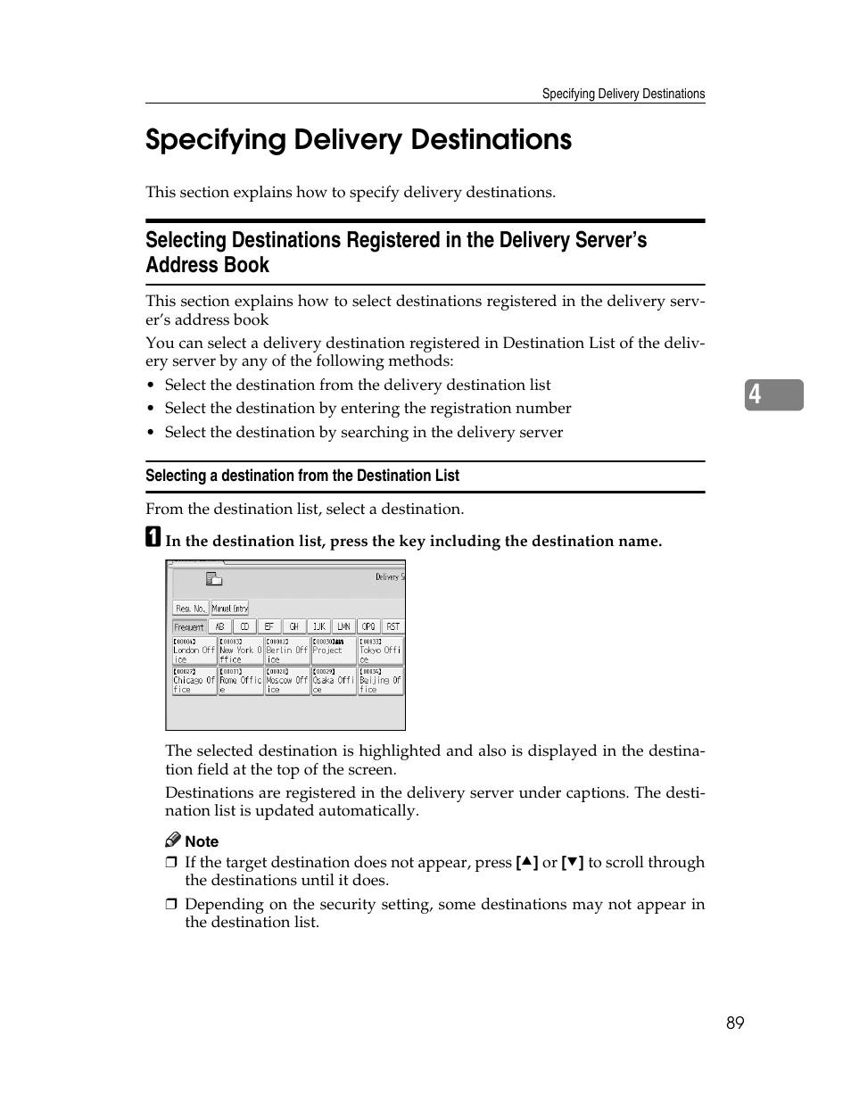 Specifying delivery destinations, Selecting a destination from the destination list, P.89 “specifying delivery destinations | 4specifying delivery destinations | Ricoh Aficio MP 9000 User Manual | Page 97 / 168
