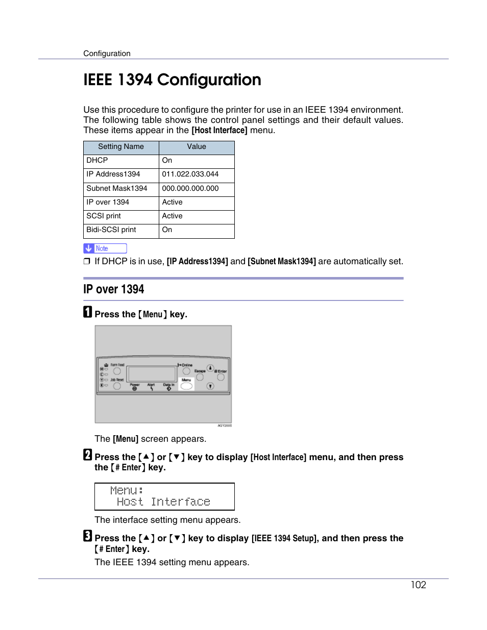 Ieee 1394 configuration, Ip over 1394, Menu: host interface | Ricoh Network Data Protection Unit Type C User Manual | Page 102 / 108