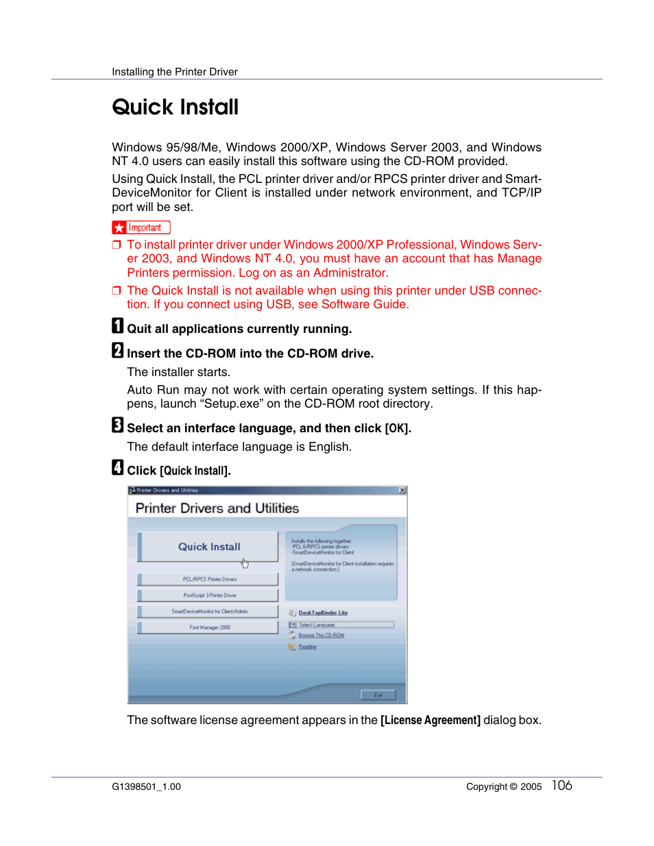 Installing the printer driver, Quick install | Ricoh Network Data Protection Unit Type C User Manual | Page 106 / 108