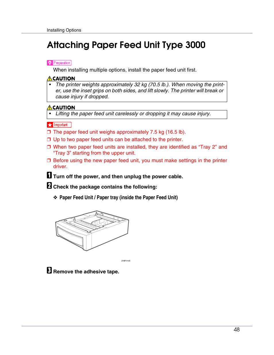 Attaching paper feed unit type 3000, P.48 “attaching paper feed unit type 3000 | Ricoh Network Data Protection Unit Type C User Manual | Page 48 / 108