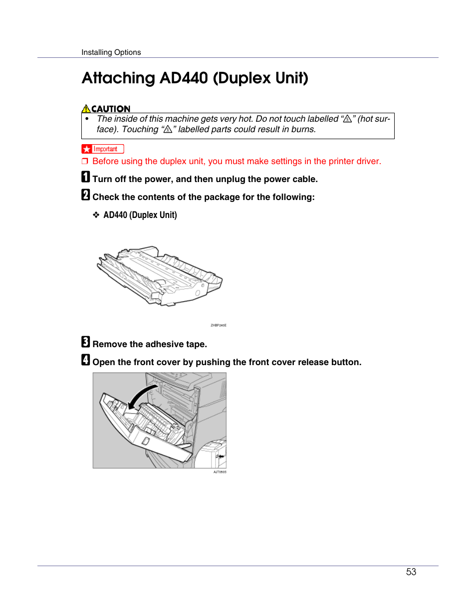 Attaching ad440 (duplex unit), P.53 “attaching ad440 (duplex unit) | Ricoh Network Data Protection Unit Type C User Manual | Page 53 / 108