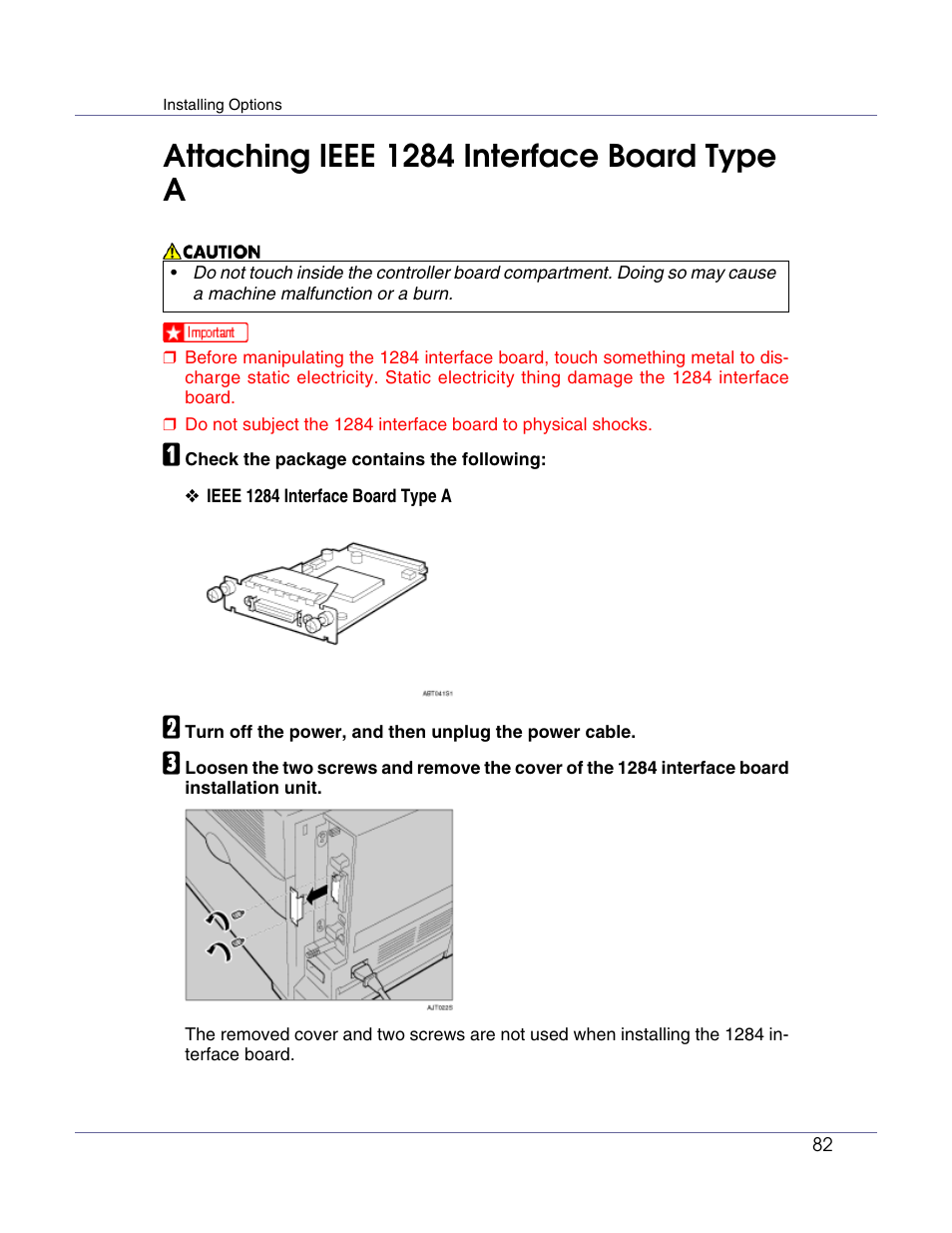 Attaching ieee 1284 interface board type a, P.82 “attaching ieee 1284 interface board type a | Ricoh Network Data Protection Unit Type C User Manual | Page 82 / 108
