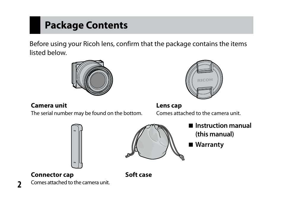 Package contents | Ricoh Lens A16 User Manual | Page 2 / 64