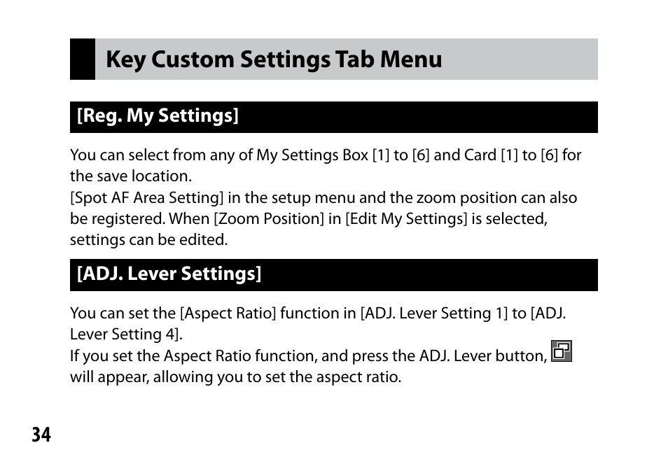 Key custom settings tab menu | Ricoh Lens A16 User Manual | Page 34 / 64