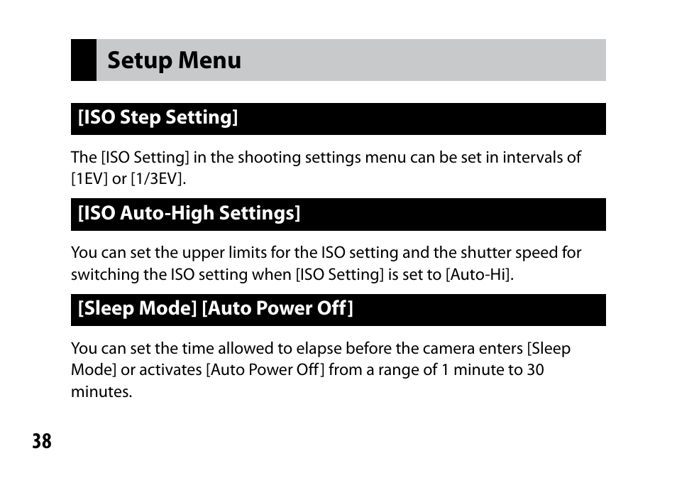 Setup menu | Ricoh Lens A16 User Manual | Page 38 / 64