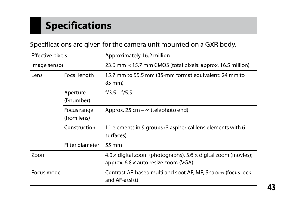 Specifications | Ricoh Lens A16 User Manual | Page 43 / 64