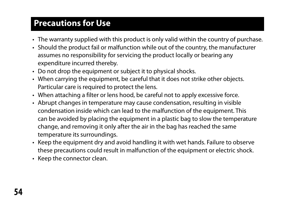 Precautions for use | Ricoh Lens A16 User Manual | Page 54 / 64