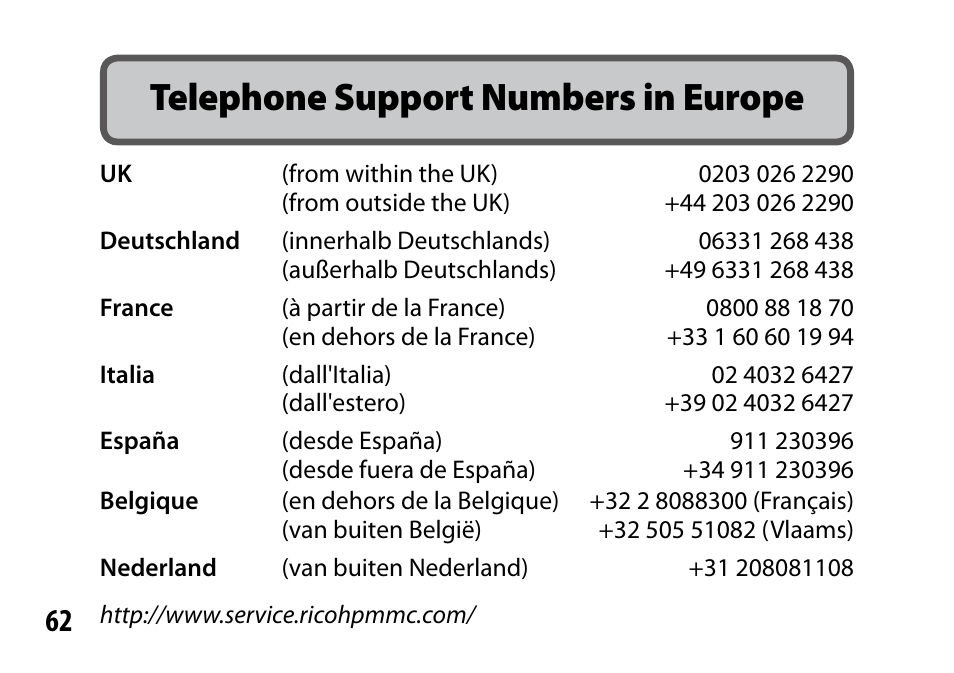 Telephone support numbers in europe | Ricoh Lens A16 User Manual | Page 62 / 64