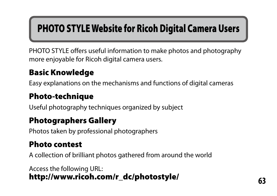 Photo style website for ricoh digital camera users | Ricoh Lens A16 User Manual | Page 63 / 64
