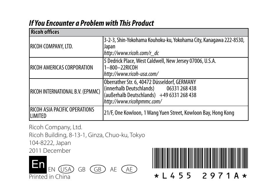 If you encounter a problem with this product | Ricoh Lens A16 User Manual | Page 64 / 64