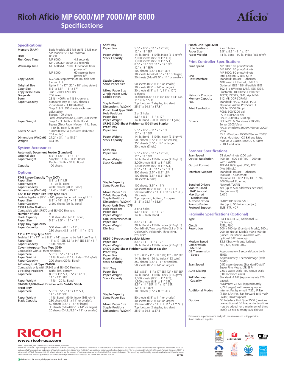 Specifications | Ricoh Aficio MP 7000 User Manual | Page 6 / 6