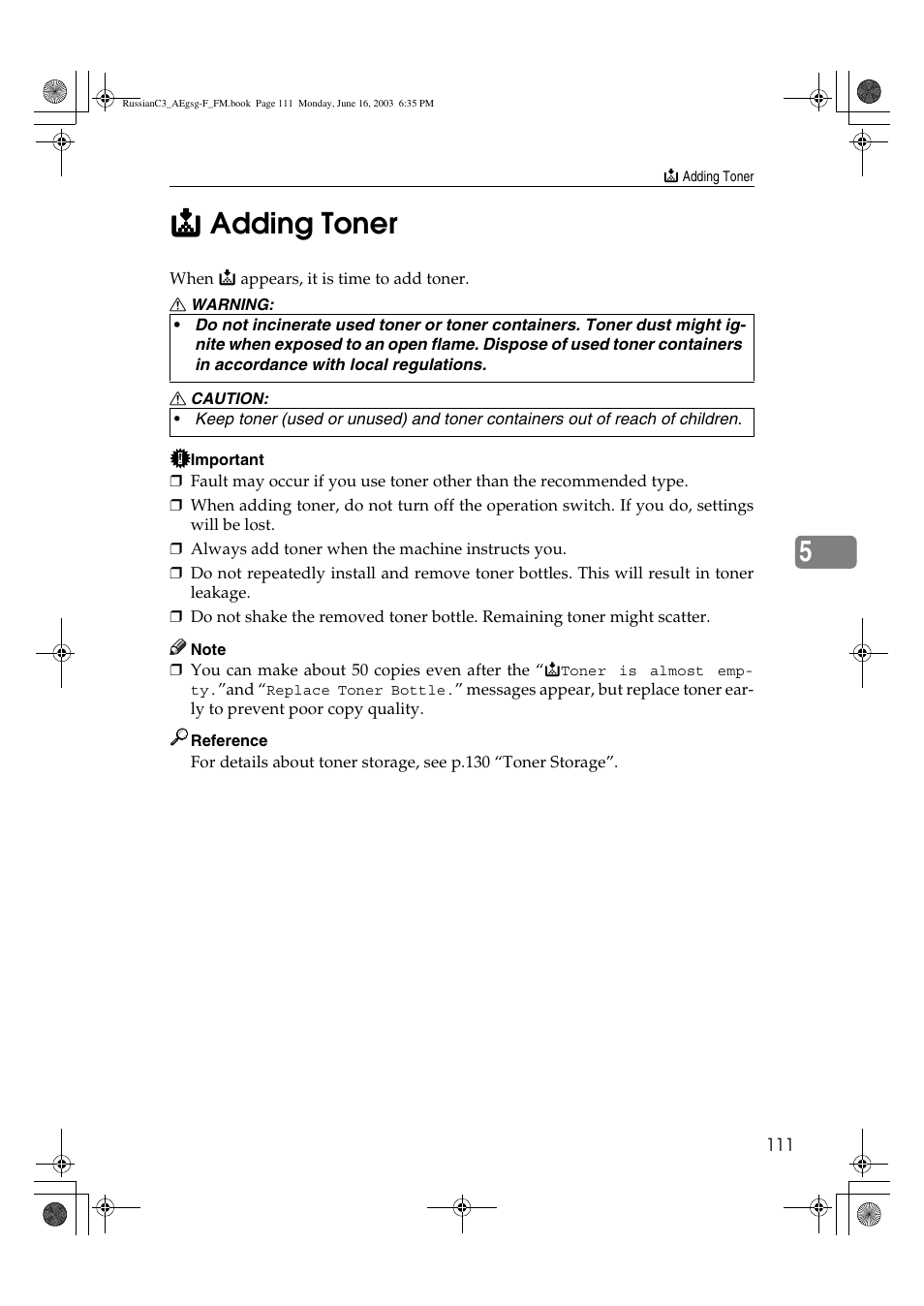 Adding toner | Ricoh Aficio LD122 User Manual | Page 123 / 184