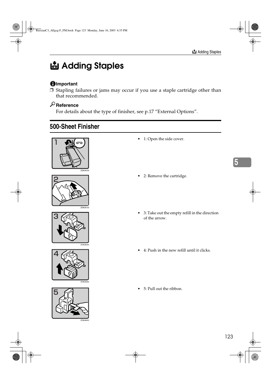 Adding staples, Sheet finisher | Ricoh Aficio LD122 User Manual | Page 135 / 184