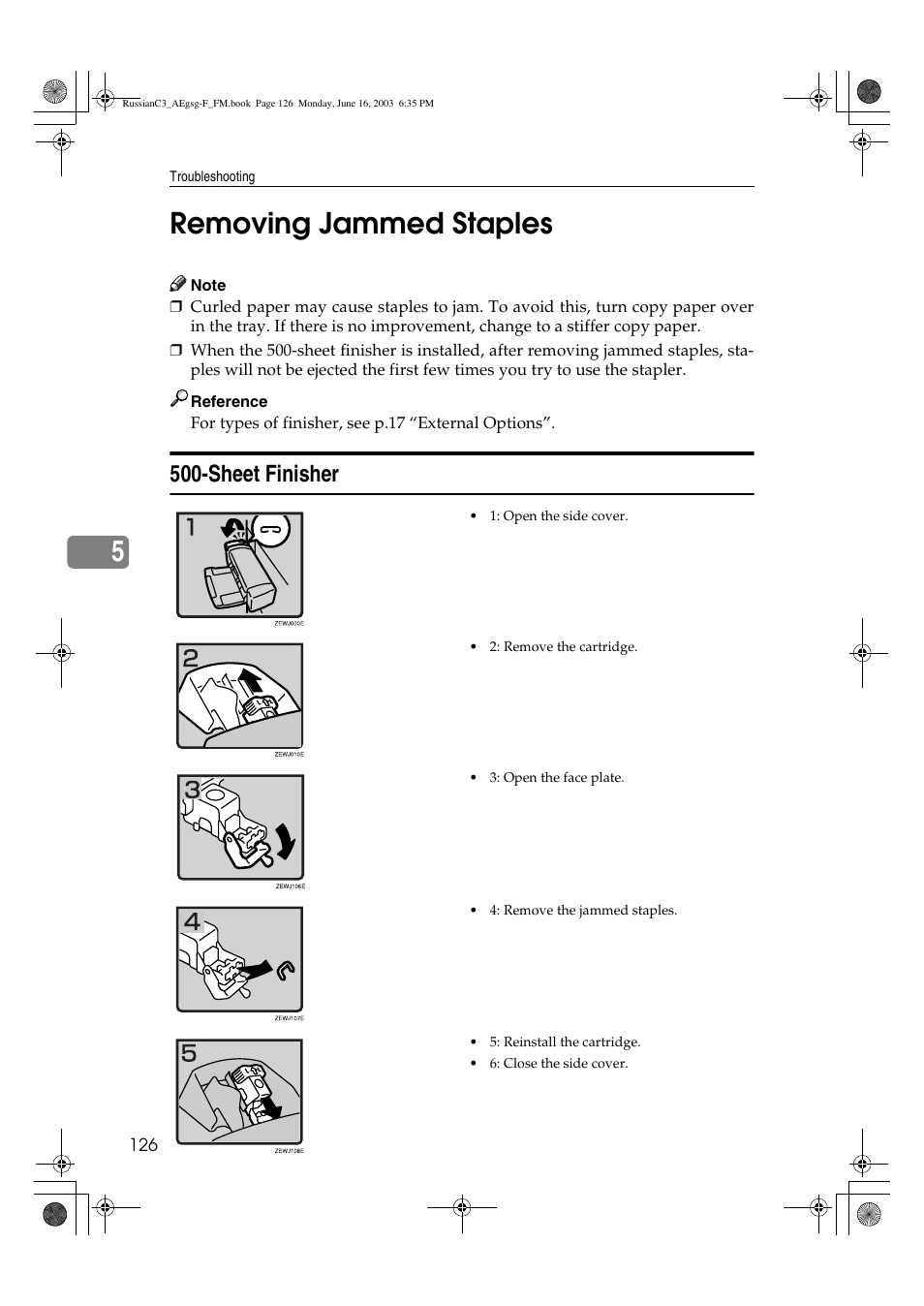Removing jammed staples, 5removing jammed staples, Sheet finisher | Ricoh Aficio LD122 User Manual | Page 138 / 184