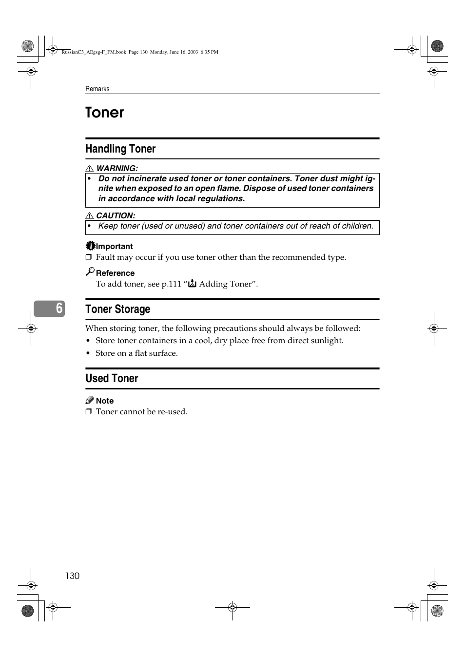 Toner, 6toner, Handling toner | Toner storage, Used toner | Ricoh Aficio LD122 User Manual | Page 142 / 184