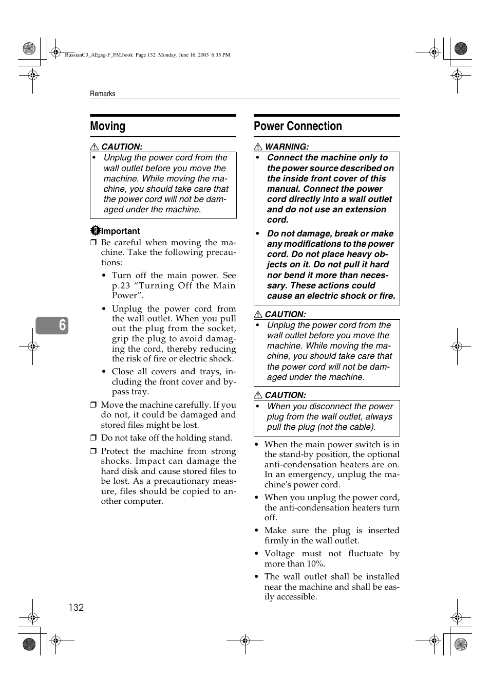 Moving, Power connection | Ricoh Aficio LD122 User Manual | Page 144 / 184