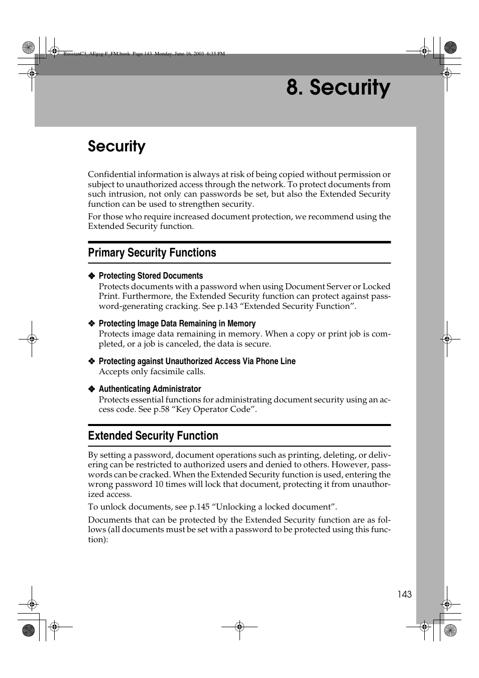 Security, Primary security functions, Extended security function | Ricoh Aficio LD122 User Manual | Page 155 / 184