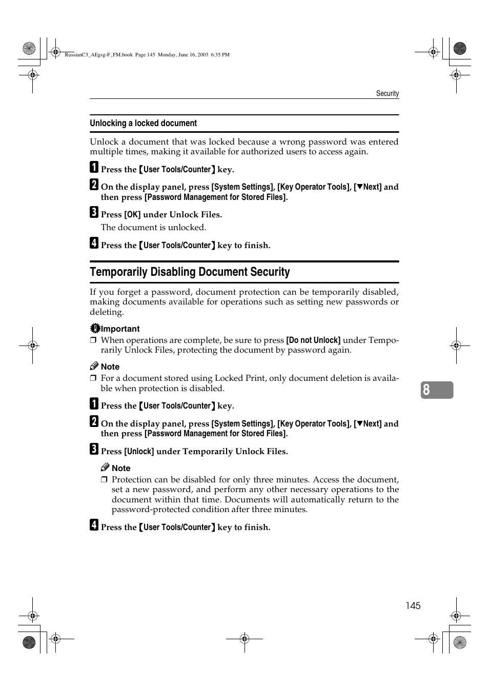 Temporarily disabling document security | Ricoh Aficio LD122 User Manual | Page 157 / 184