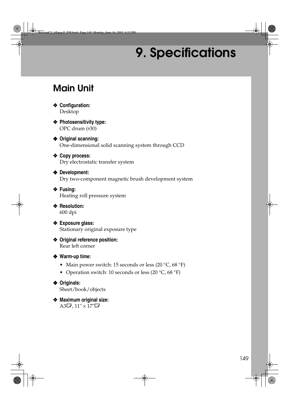 Specifications, Main unit | Ricoh Aficio LD122 User Manual | Page 161 / 184