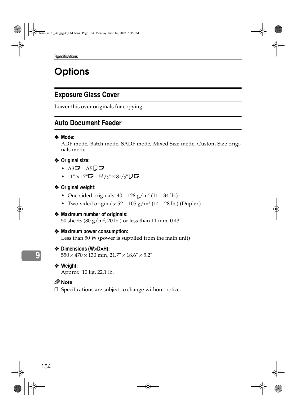 Options, 9options, Exposure glass cover | Auto document feeder | Ricoh Aficio LD122 User Manual | Page 166 / 184