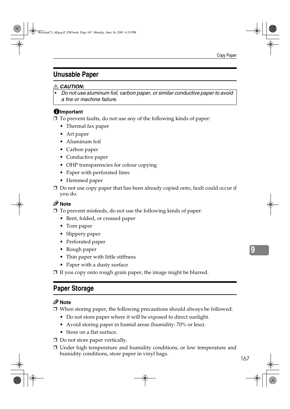 Unusable paper, Paper storage | Ricoh Aficio LD122 User Manual | Page 179 / 184