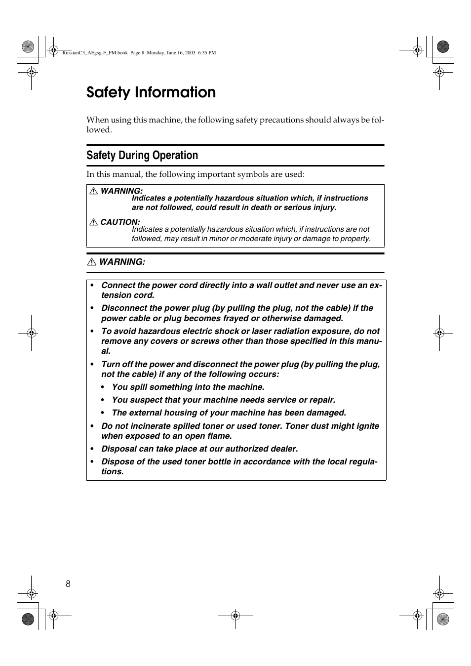 Safety information, Safety during operation | Ricoh Aficio LD122 User Manual | Page 20 / 184