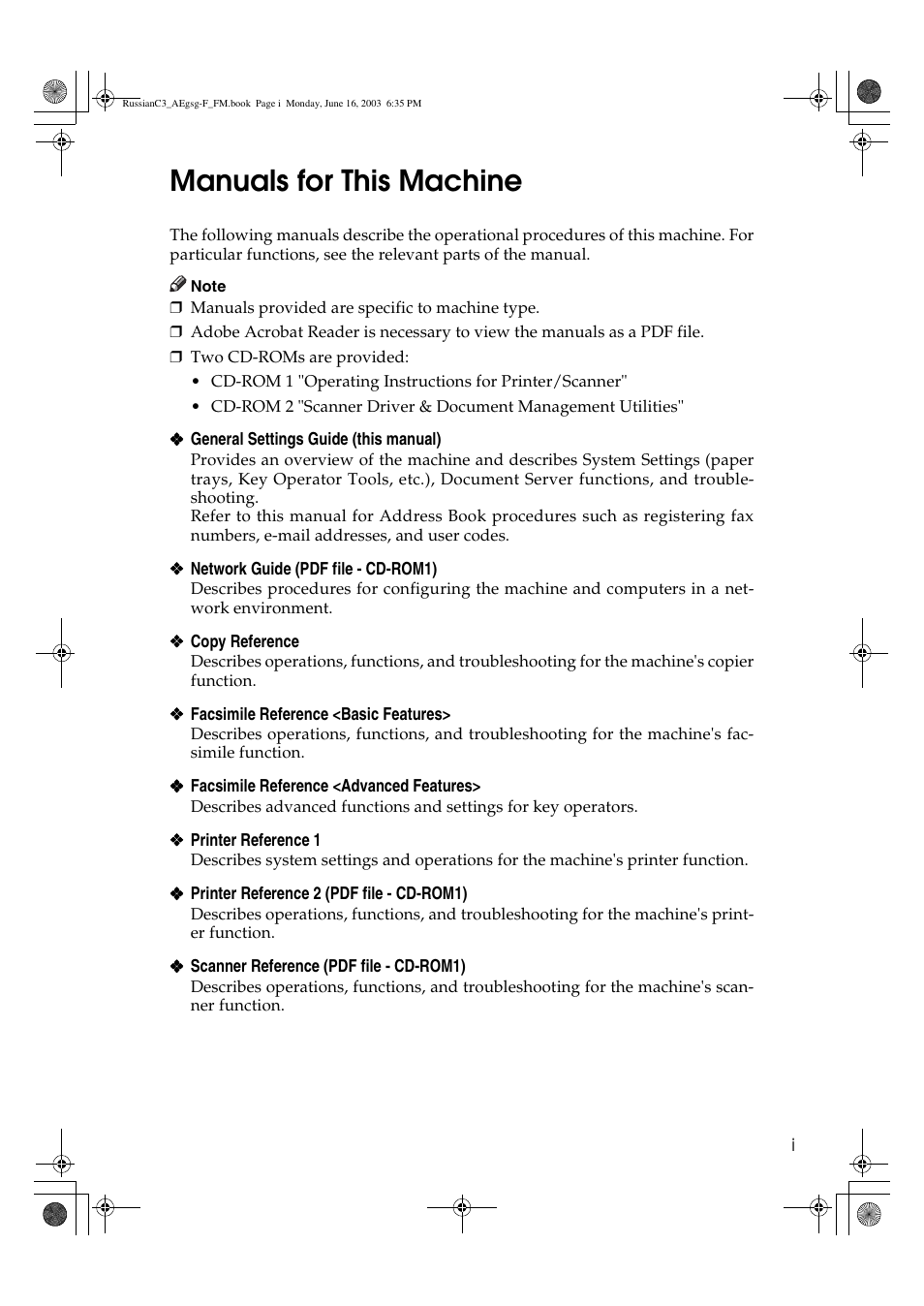 Manuals for this machine | Ricoh Aficio LD122 User Manual | Page 3 / 184