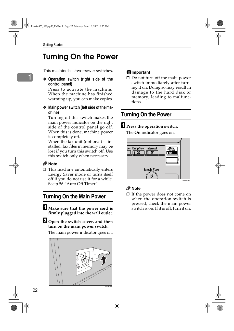 Turning on the power, 1turning on the power, Turning on the main power | Ricoh Aficio LD122 User Manual | Page 34 / 184