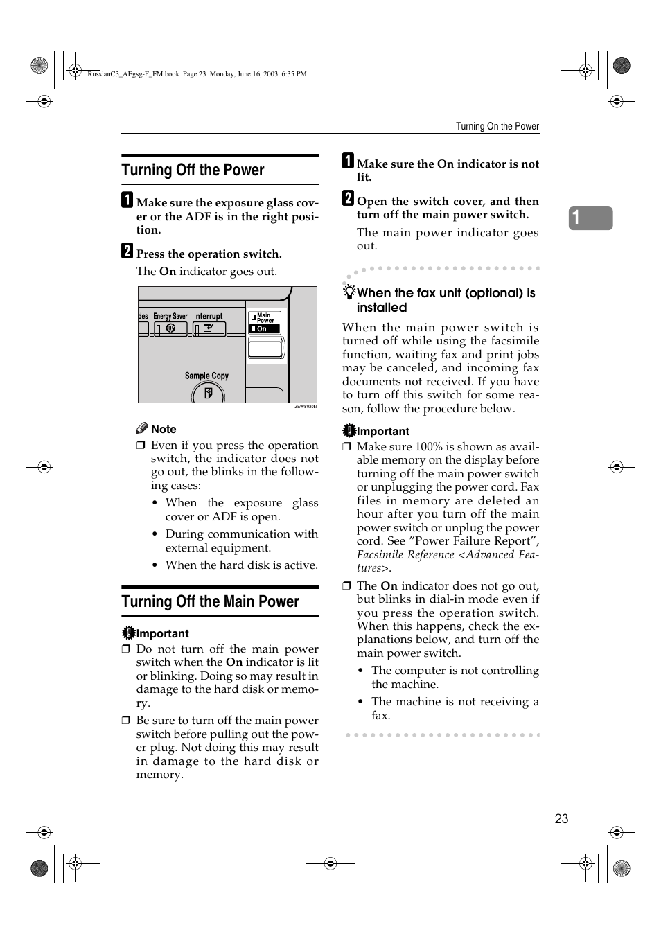 Turning off the power, Turning off the main power | Ricoh Aficio LD122 User Manual | Page 35 / 184