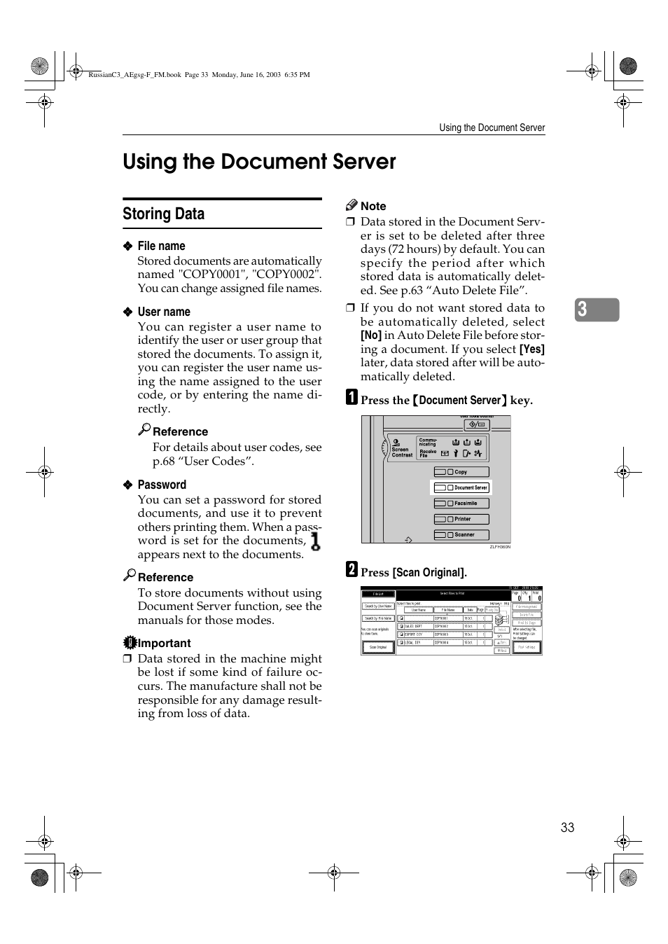 Using the document server, 3using the document server, Storing data | Ricoh Aficio LD122 User Manual | Page 45 / 184
