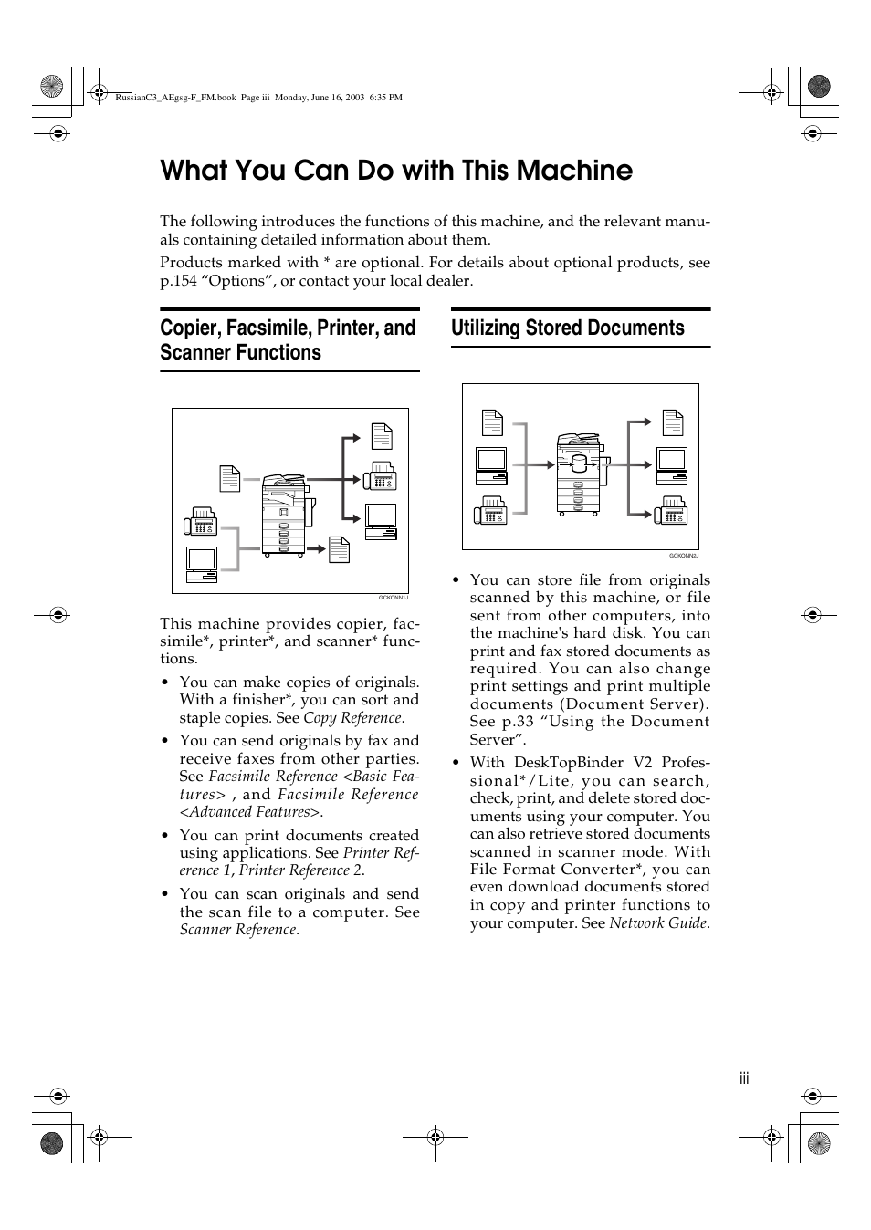 What you can do with this machine, Copier, facsimile, printer, and scanner functions, Utilizing stored documents | Ricoh Aficio LD122 User Manual | Page 5 / 184