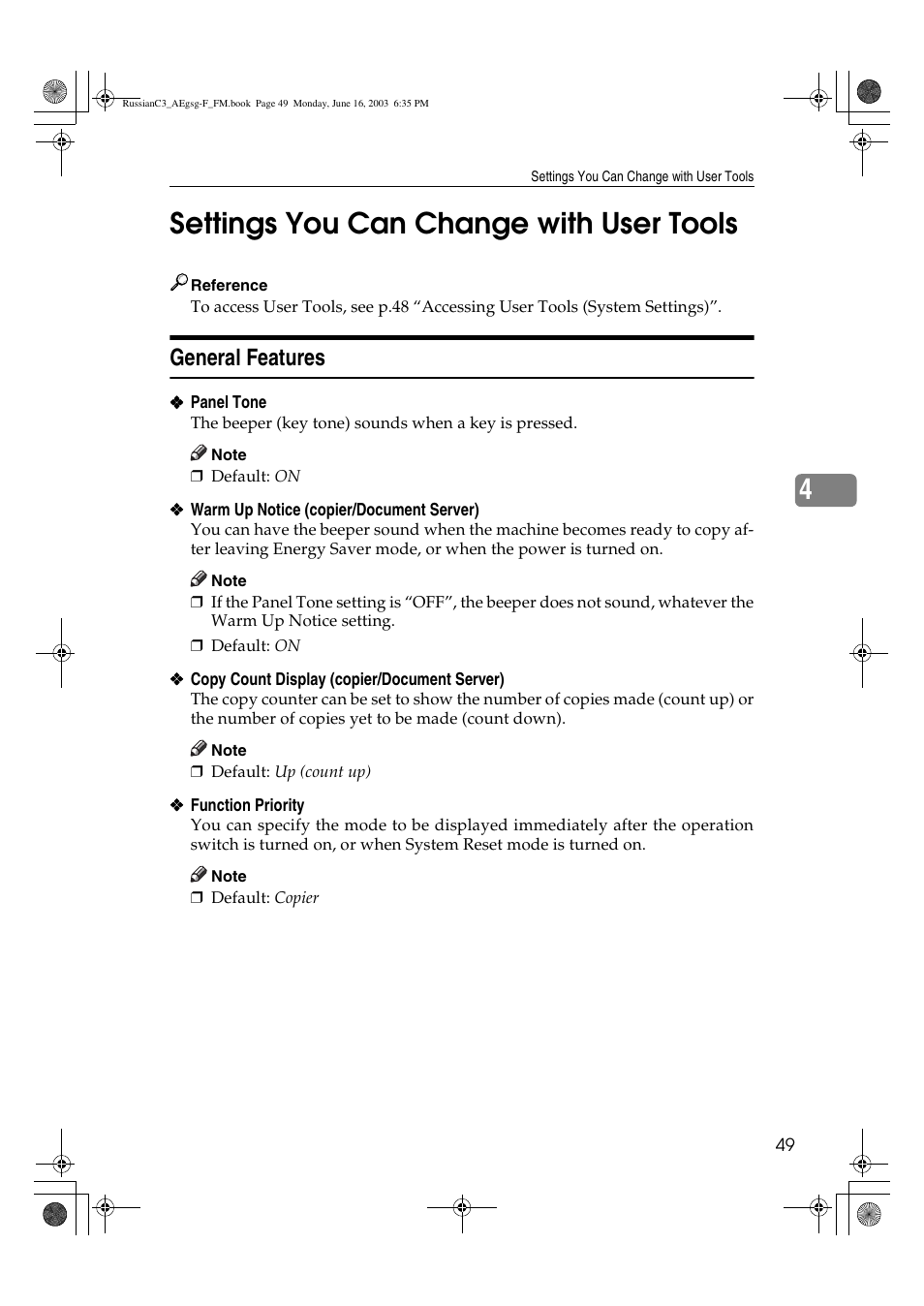 Settings you can change with user tools, 4settings you can change with user tools, General features | Ricoh Aficio LD122 User Manual | Page 61 / 184