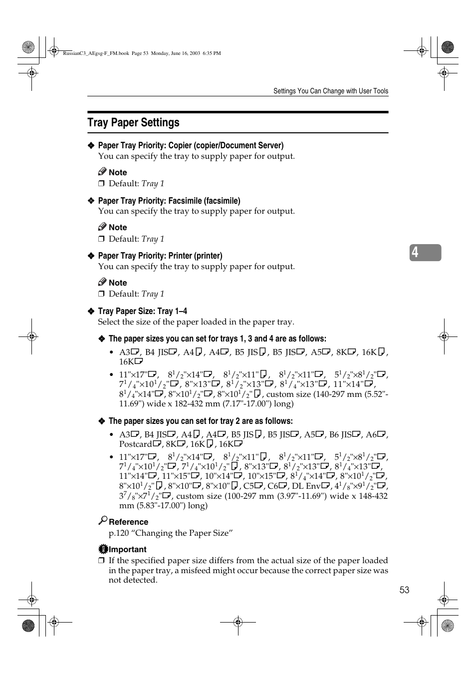 Tray paper settings | Ricoh Aficio LD122 User Manual | Page 65 / 184