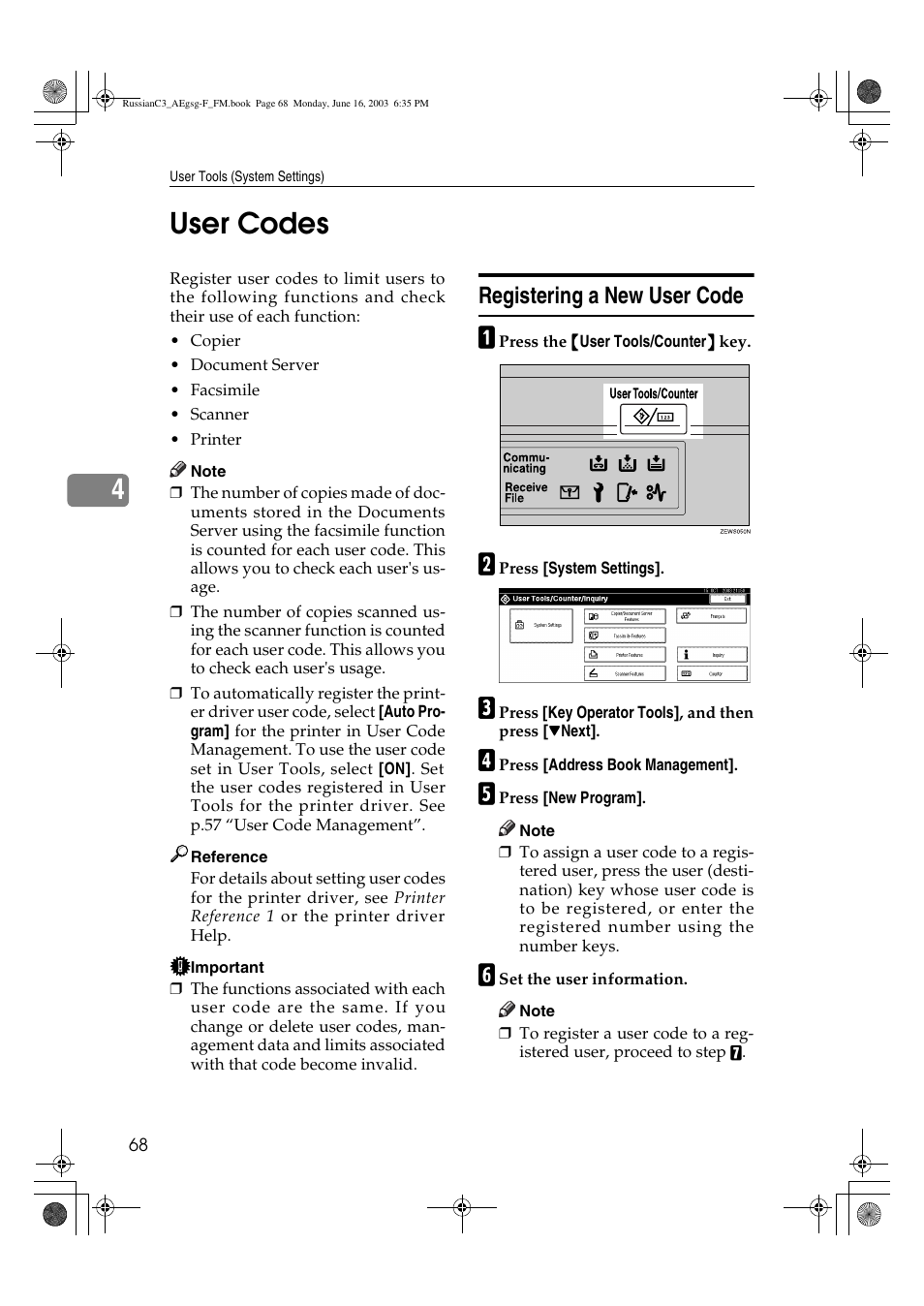 User codes, 4user codes, Registering a new user code | Ricoh Aficio LD122 User Manual | Page 80 / 184