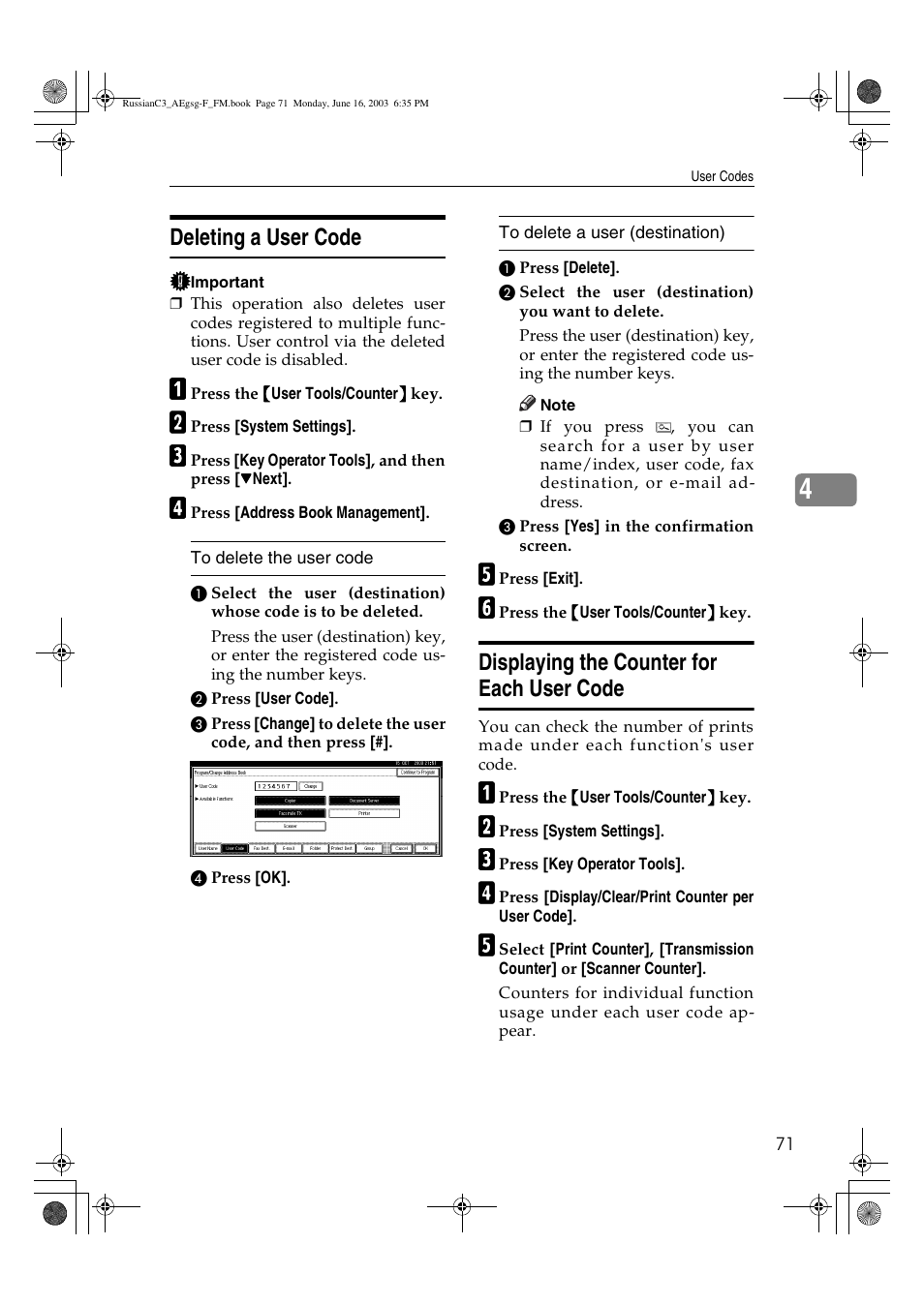 Deleting a user code, Displaying the counter for each user code | Ricoh Aficio LD122 User Manual | Page 83 / 184