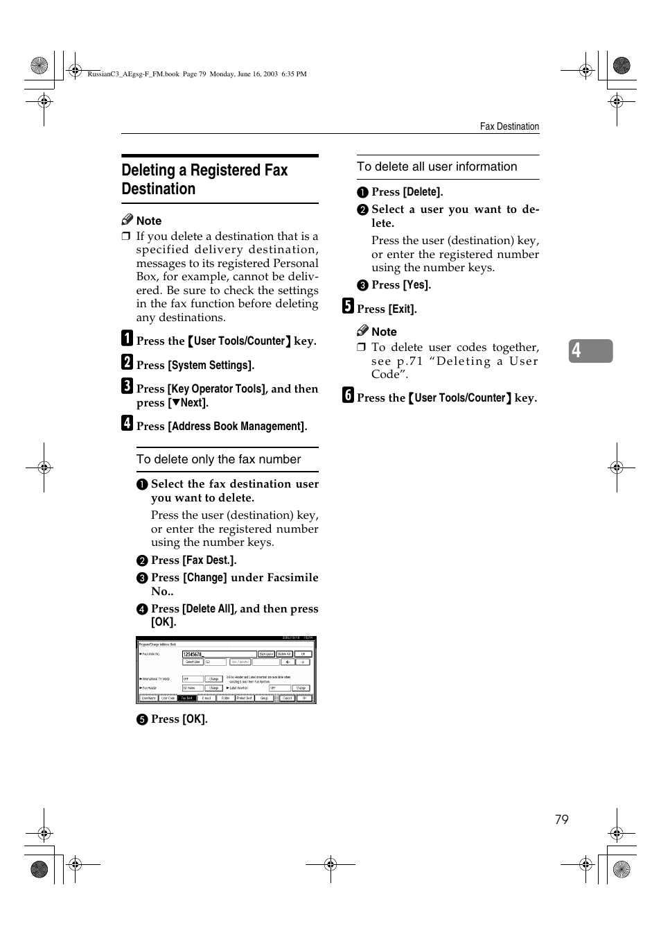 Deleting a registered fax destination | Ricoh Aficio LD122 User Manual | Page 91 / 184