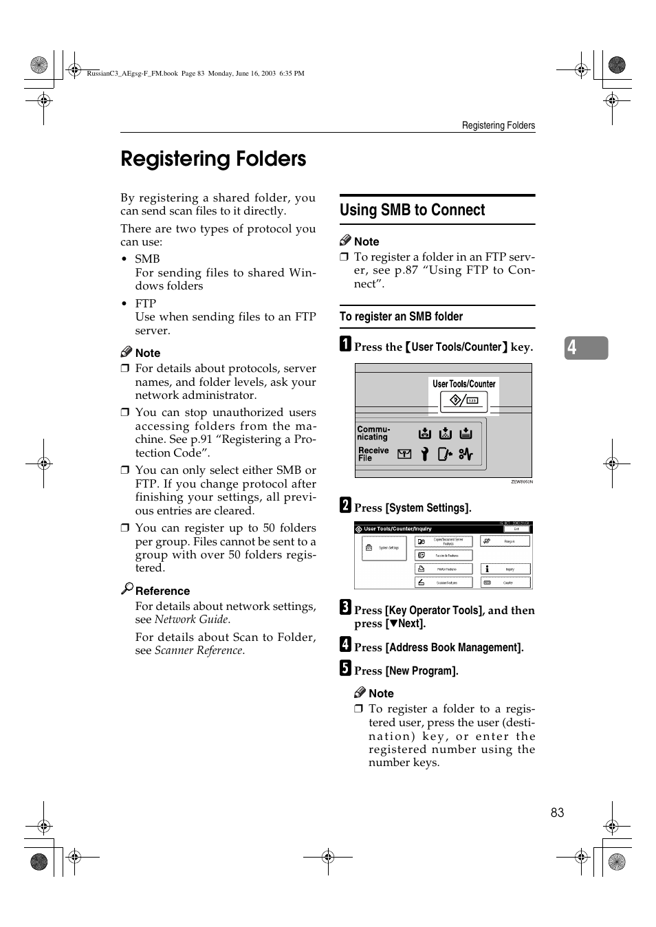 Registering folders, 4registering folders, Using smb to connect | Ricoh Aficio LD122 User Manual | Page 95 / 184