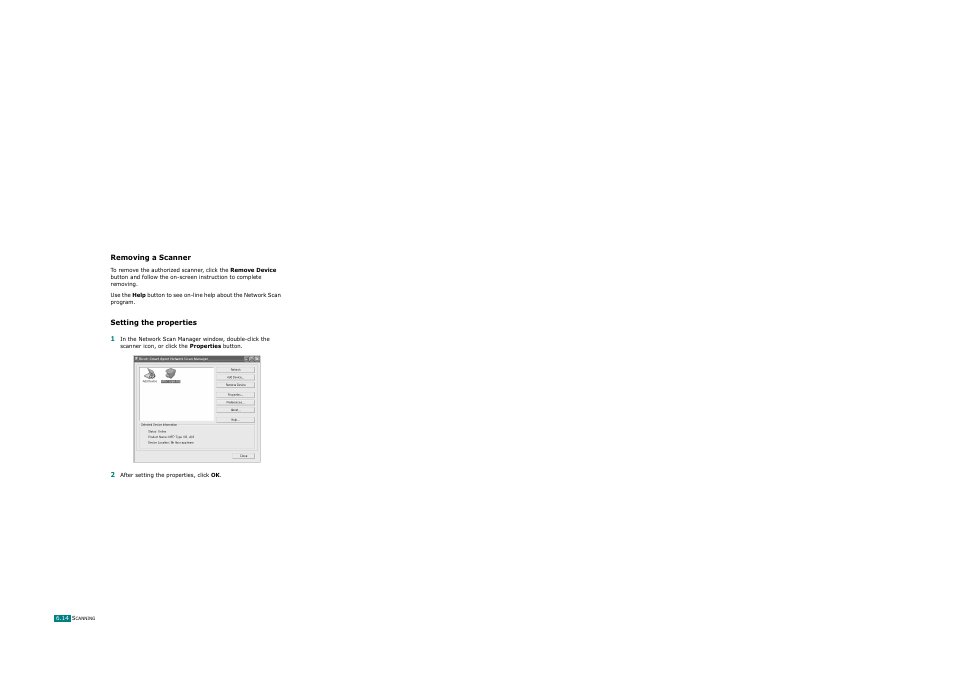 Removing a scanner, Setting the properties, Removing a scanner setting the properties | Ricoh AC122 User Manual | Page 143 / 278