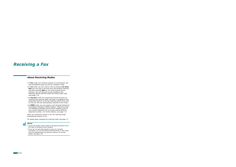 About receiving modes, Receiving a fax | Ricoh AC122 User Manual | Page 161 / 278